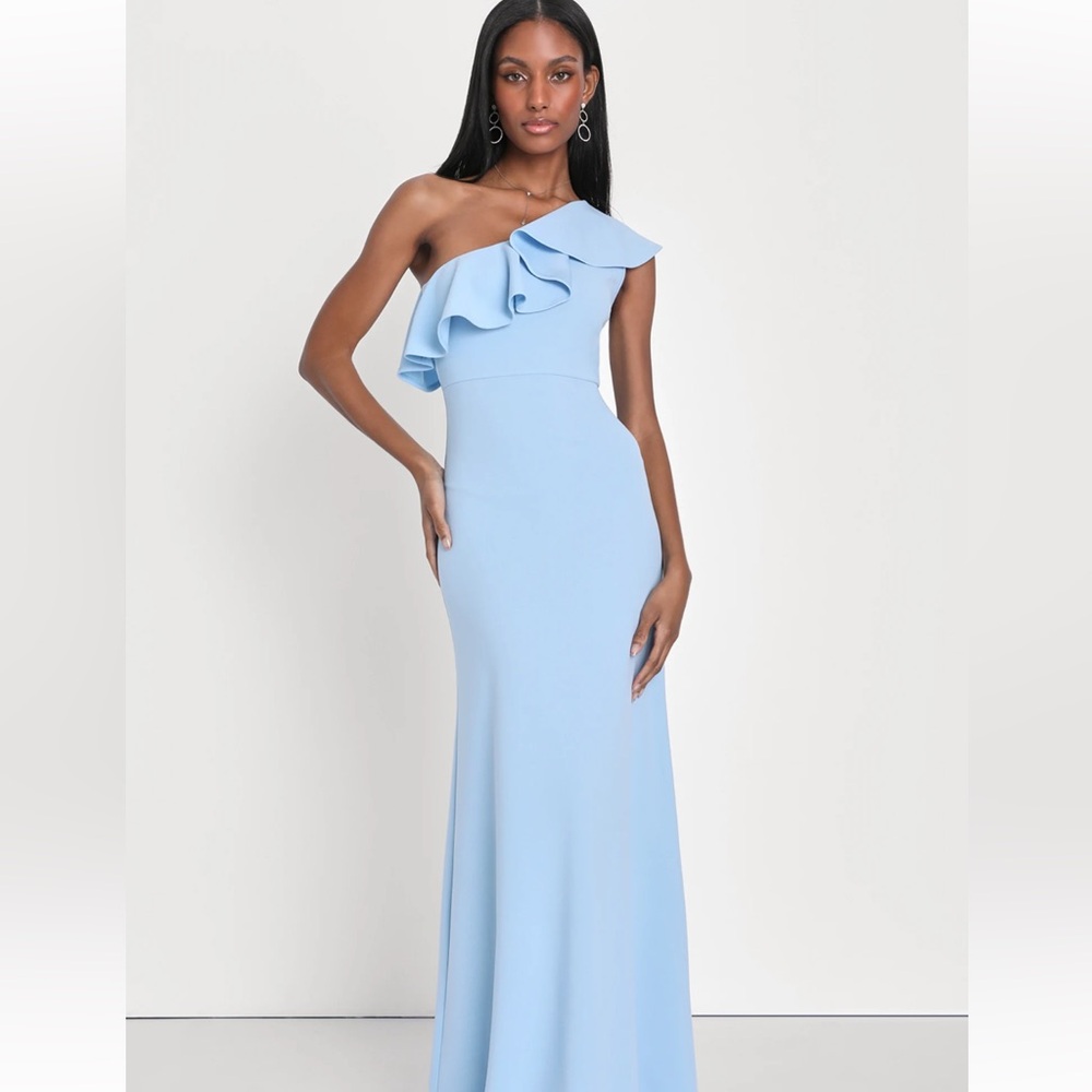 LULU'S Last Forever Powder Blue One-Shoulder Ruffle Maxi Dress